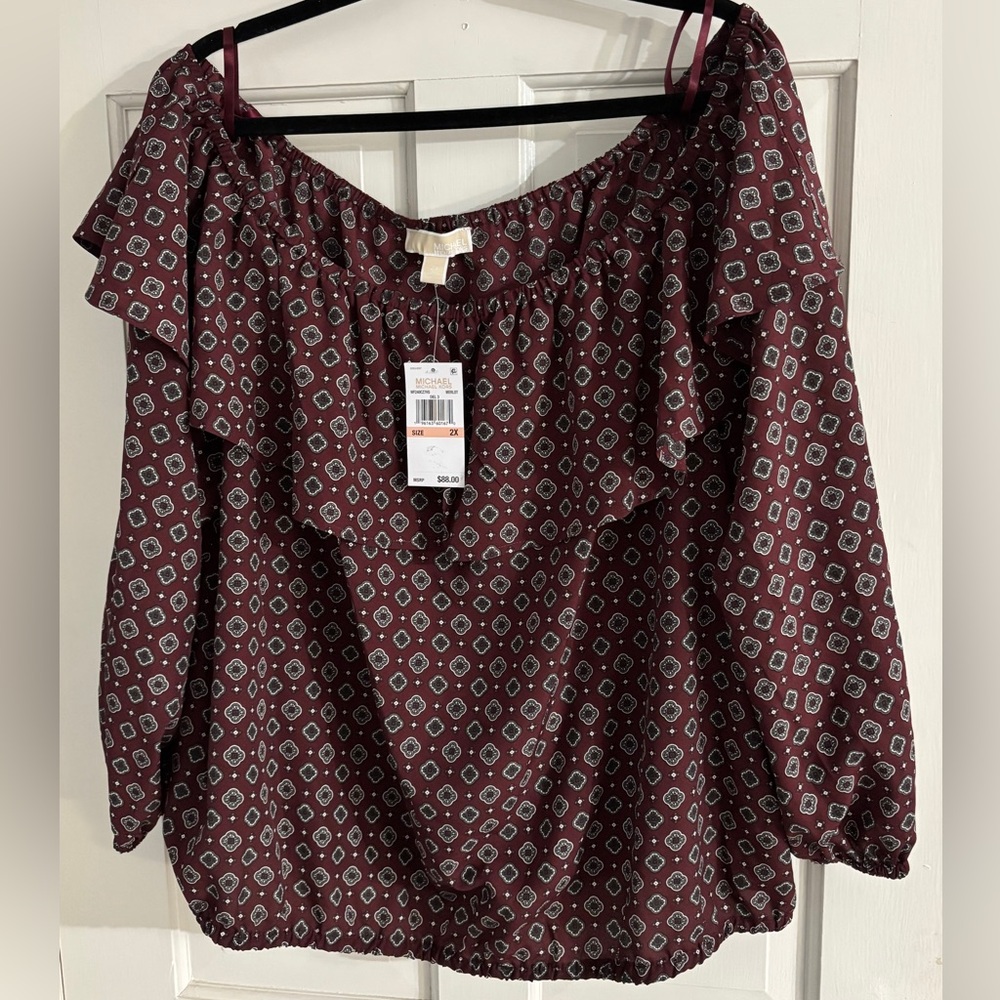 Michael Kors Burgundy Printed Off-Shoulder Blouse